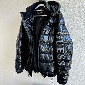 GUESS Men’s Holographic Hooded Puffer Jacket | Black | Size XL